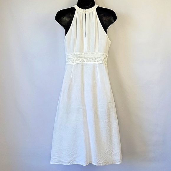 Ann Taylor Split Jewel Neck A-Line Dress White Linen Size 4 - Picture 7 of 16